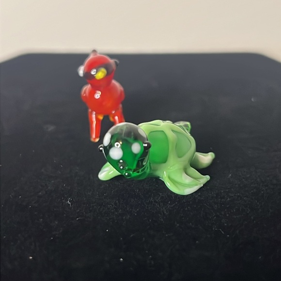 Miniature Lampwork Art Glass Red Cardinal Green Turtle Vintage Animal Figurines - Picture 2 of 6
